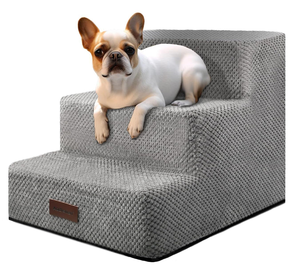 Aodisman Dog Stairs 3-step gray on couch shows stable access for small dogs