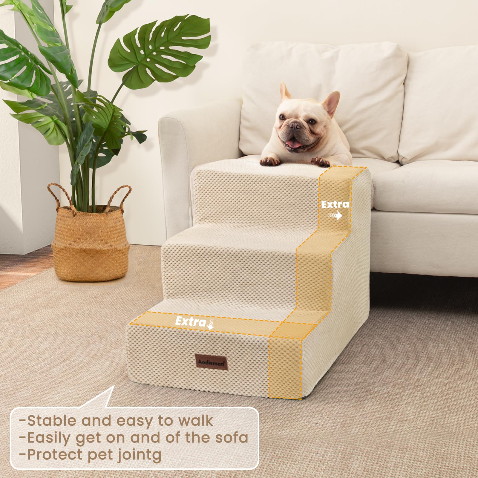 Aodisman dog stairs 4-step beige foam-cover easy cleaning and higher access