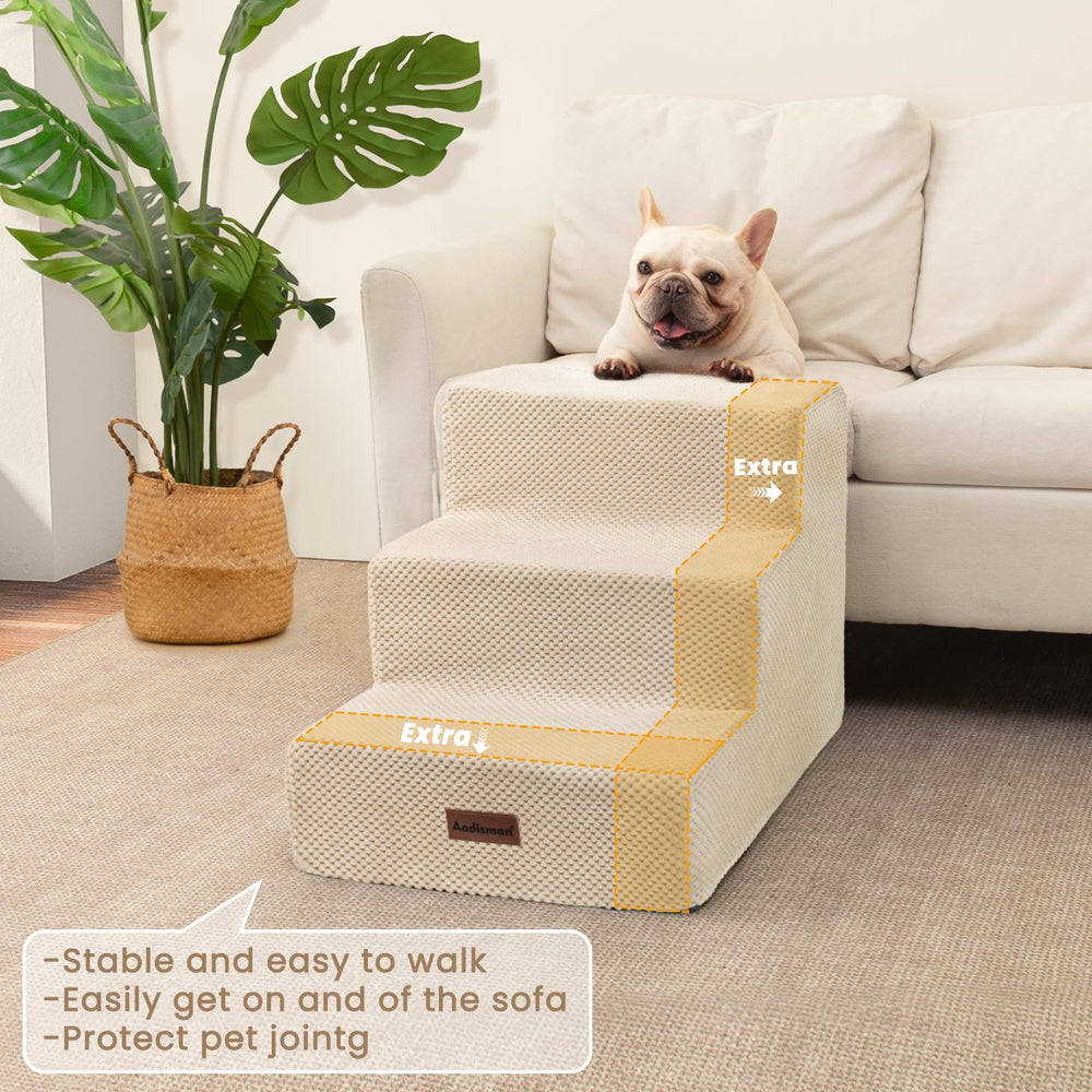 Aodisman dog stairs 4-step beige foam-cover easy cleaning and higher access