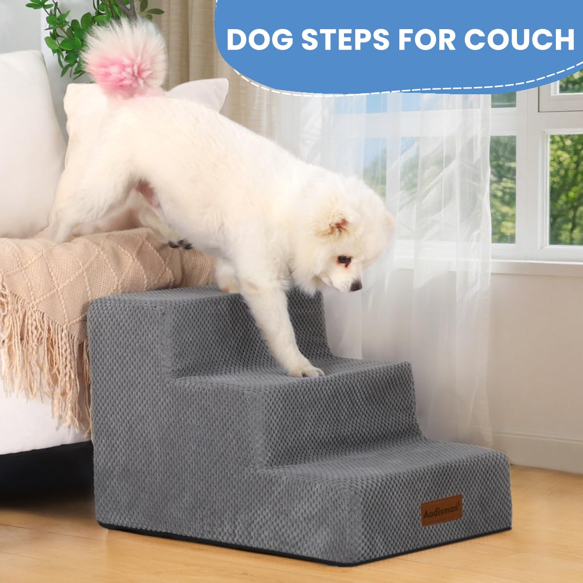Aodisman Dog Stairs 4-step gray on sofa aids higher climbs for small dogs