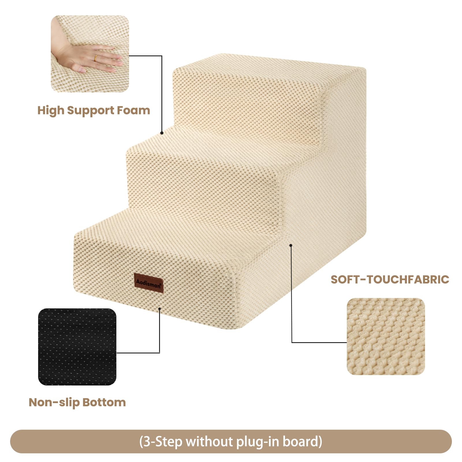 Aodisman dog stairs 5-step beige assembled on bed for tall surfaces