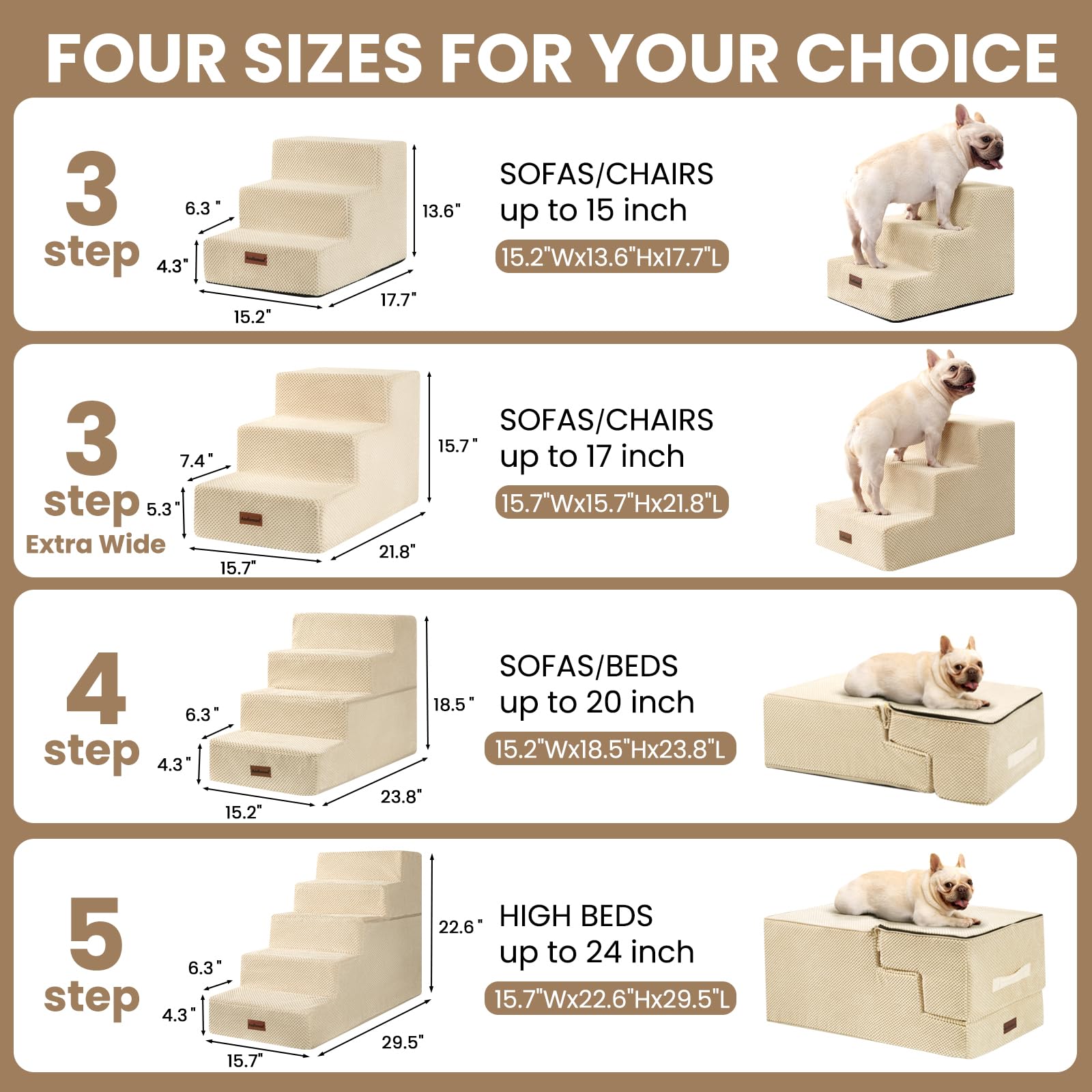 Aodisman dog stairs beige anti-slip rubber dots prevent slips