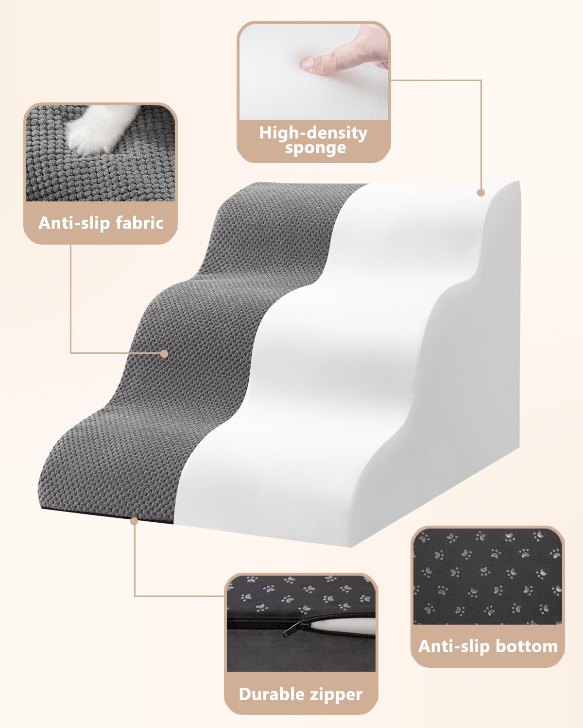 Aodisman dog stairs closeup grey shows cushioned texture for comfort and grip.