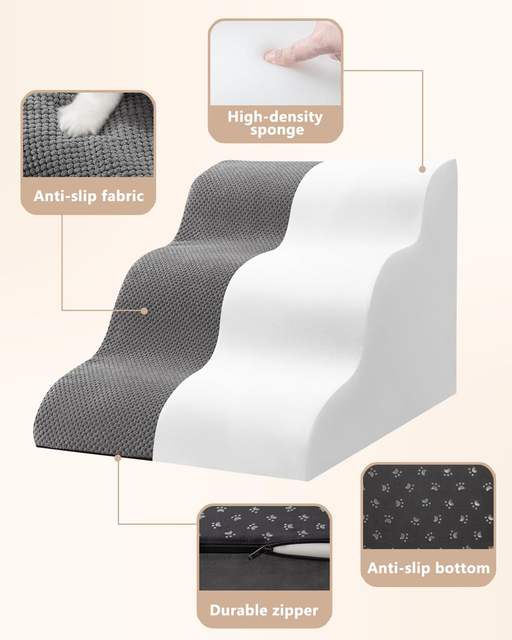 Aodisman dog stairs closeup grey shows cushioned texture for comfort and grip.