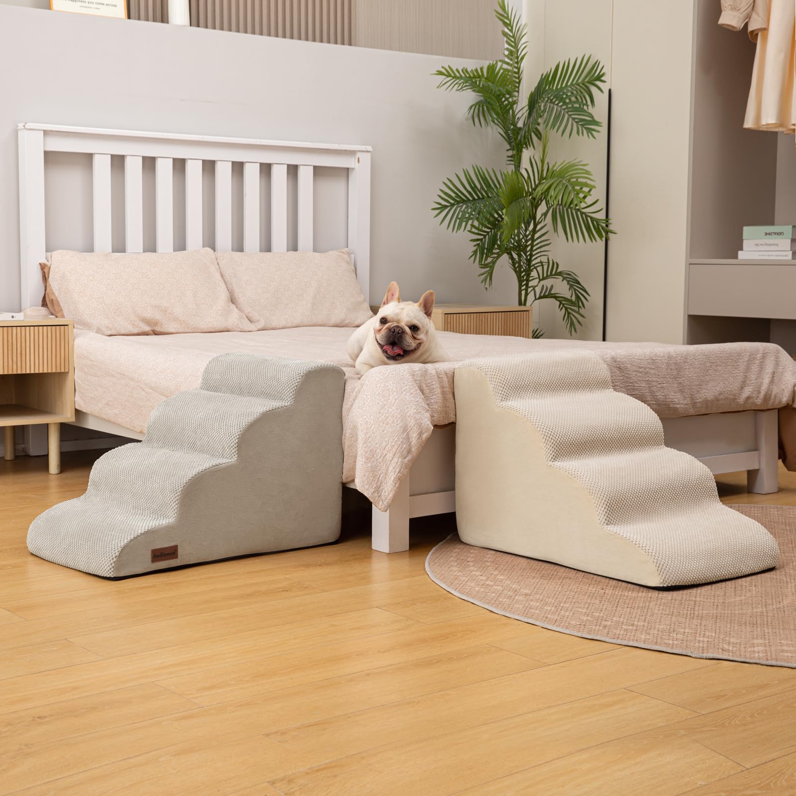 Aodisman dog stairs size guide showing height compatibility with furniture