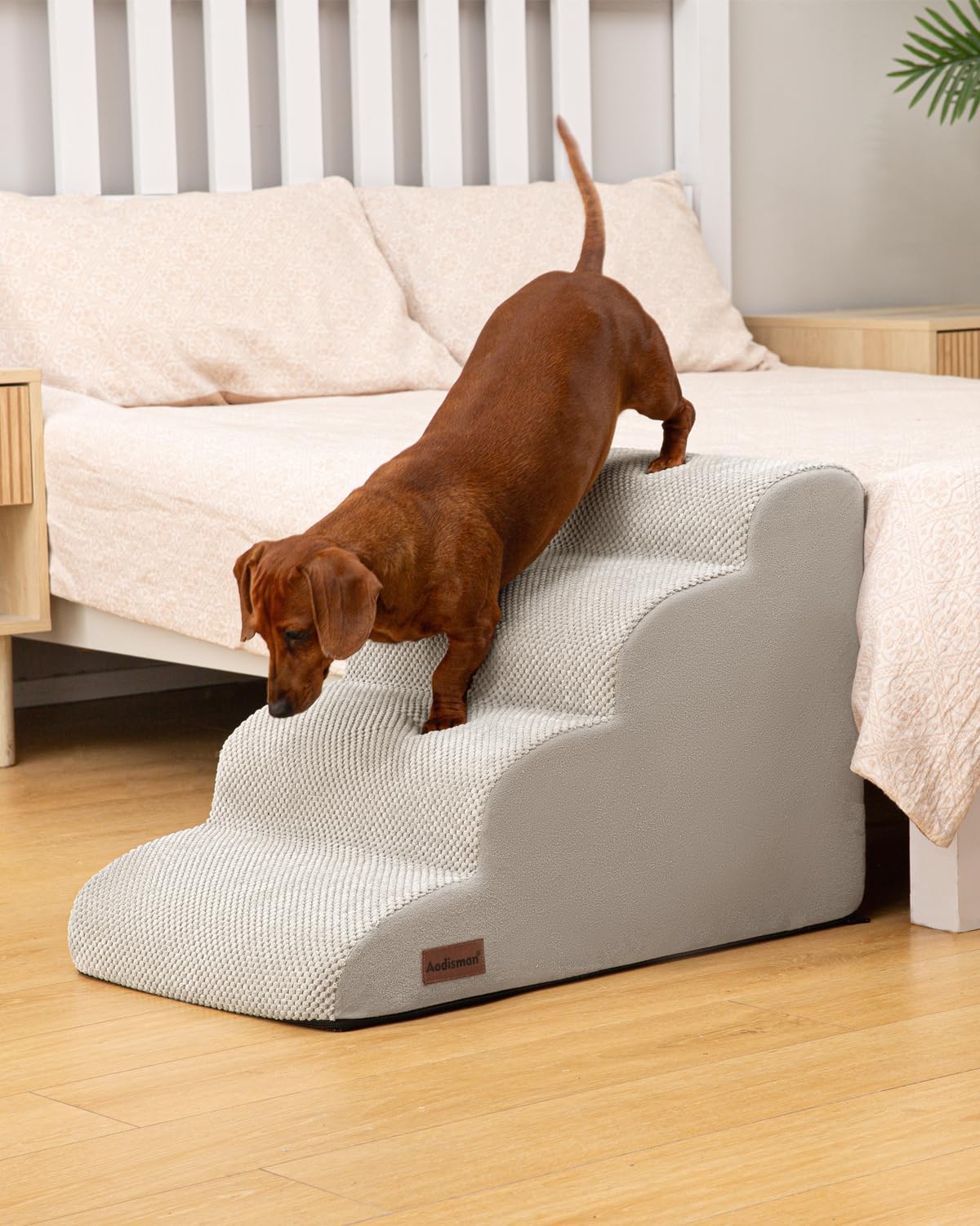 Aodisman dog stairs usage close-up showing curved ramp for puppies