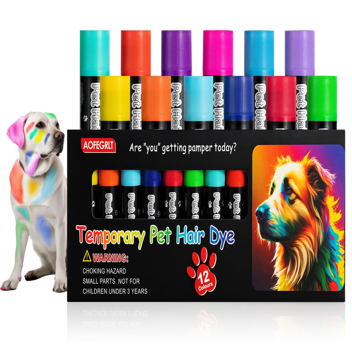 AOFEGRLT 12-pack dog hair dye pack ready for colorful pet looks.