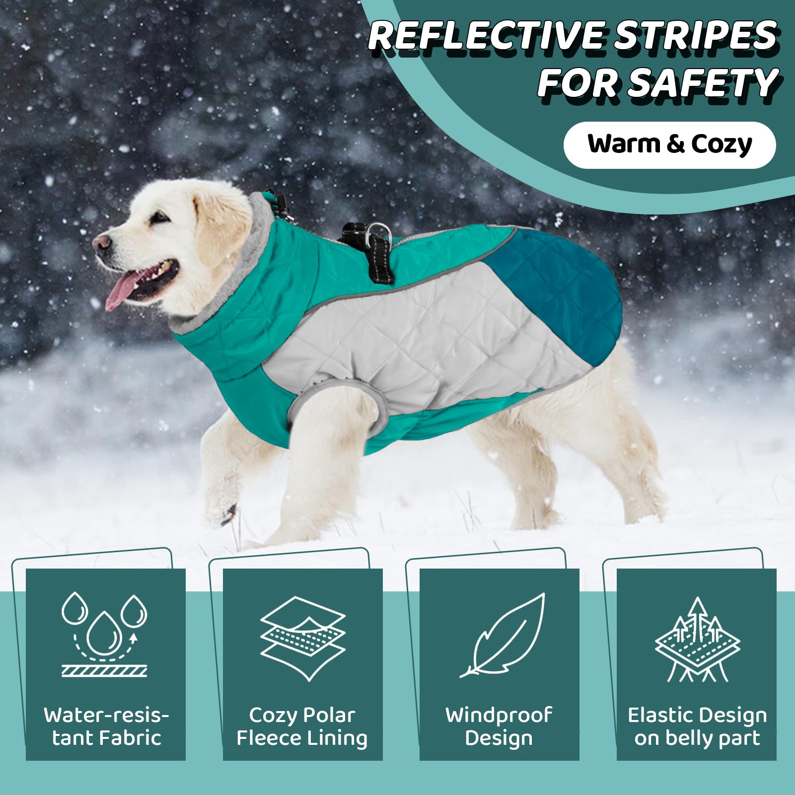 AOFITEE Dog Coat includes back D-ring for leash connection on walks.
