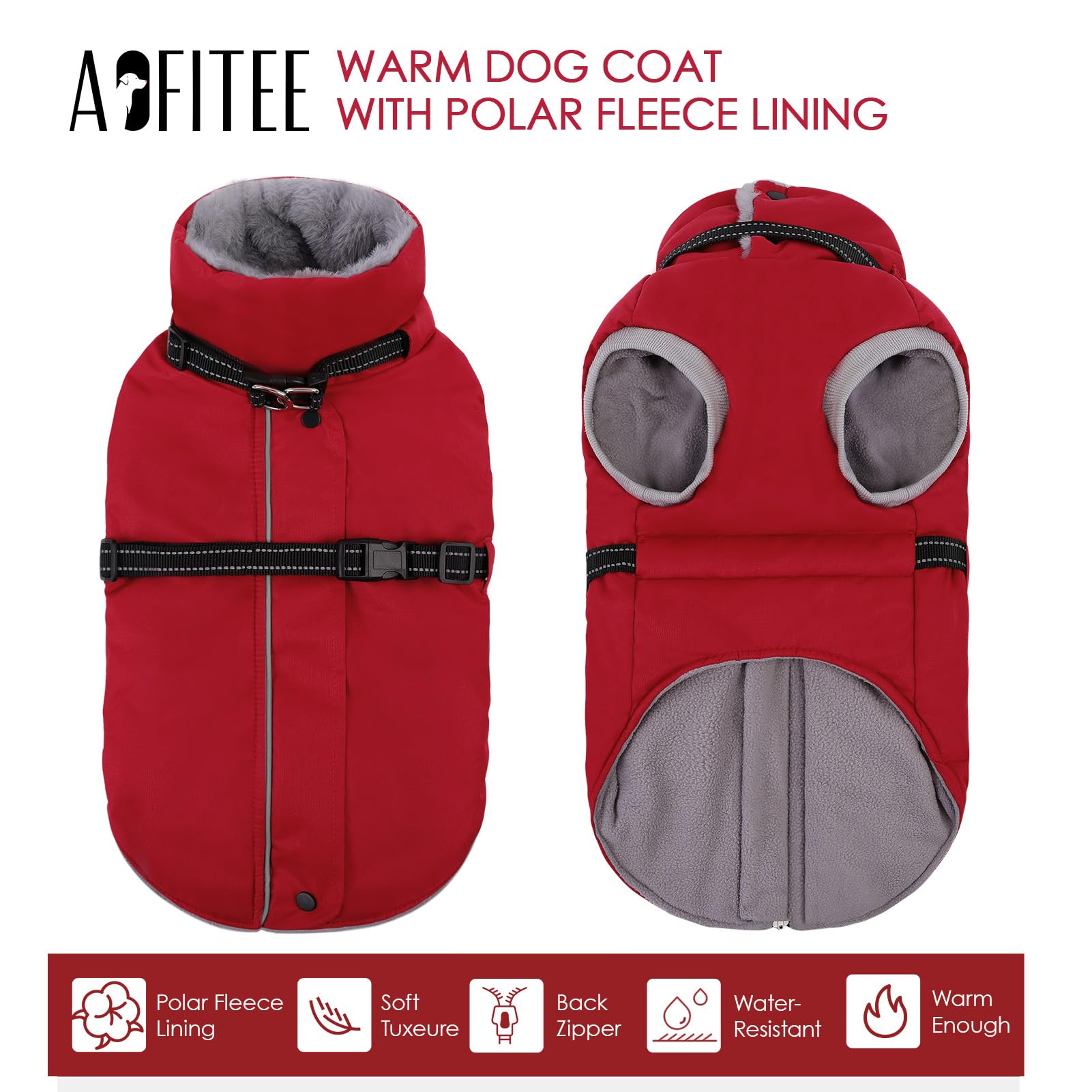 AOFITEE dog coat back zipper and quick-release buckle for easy wear.