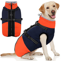 AOFITEE blue 2XL dog coat on a large dog for warmth and comfort during walks.