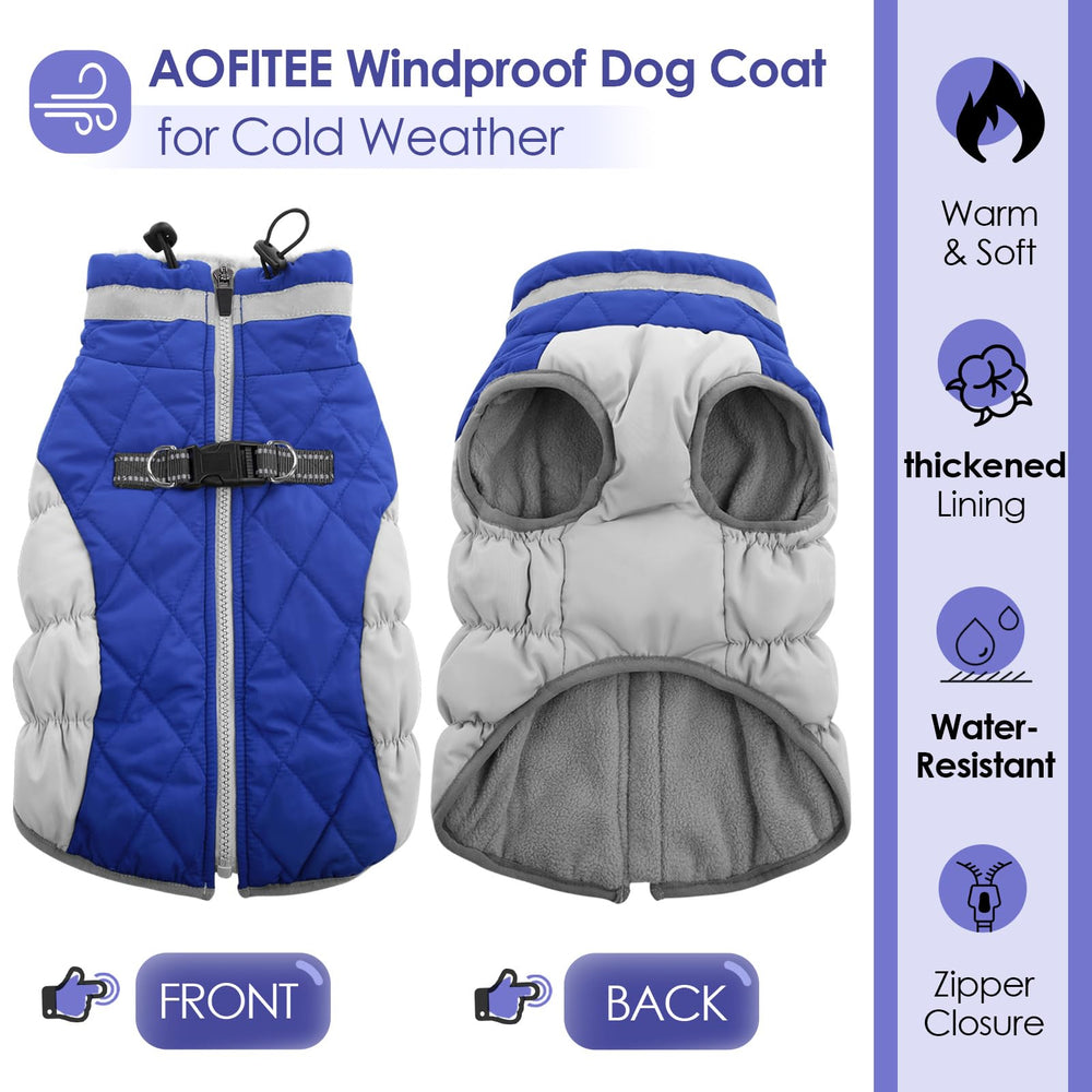 AOFITEE dog coat blue back view shows harness compatibility and secure D-rings