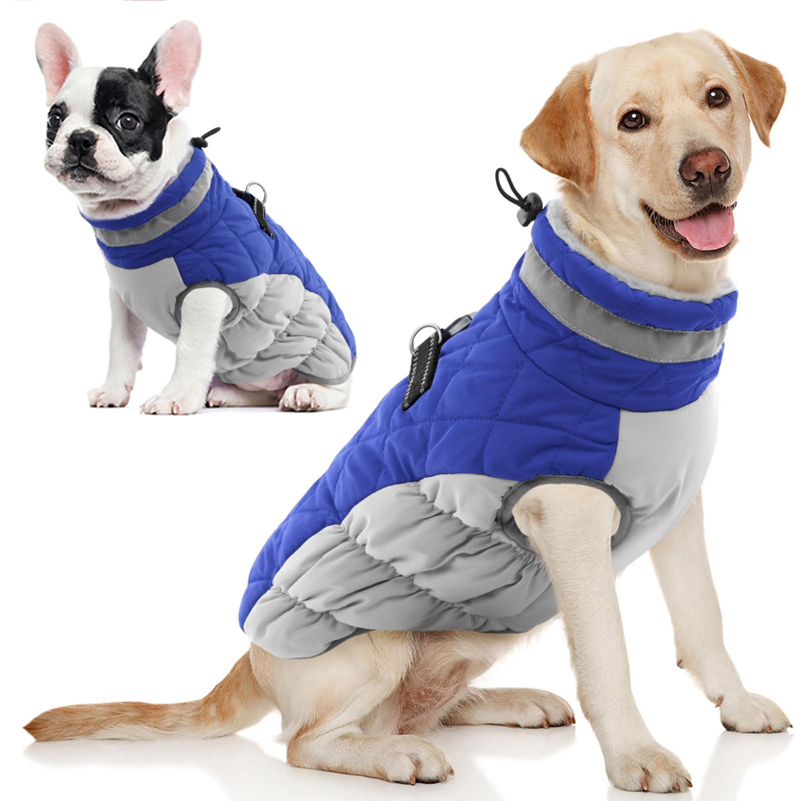 AOFITEE dog coat blue front view highlights warm fleece for cold walks