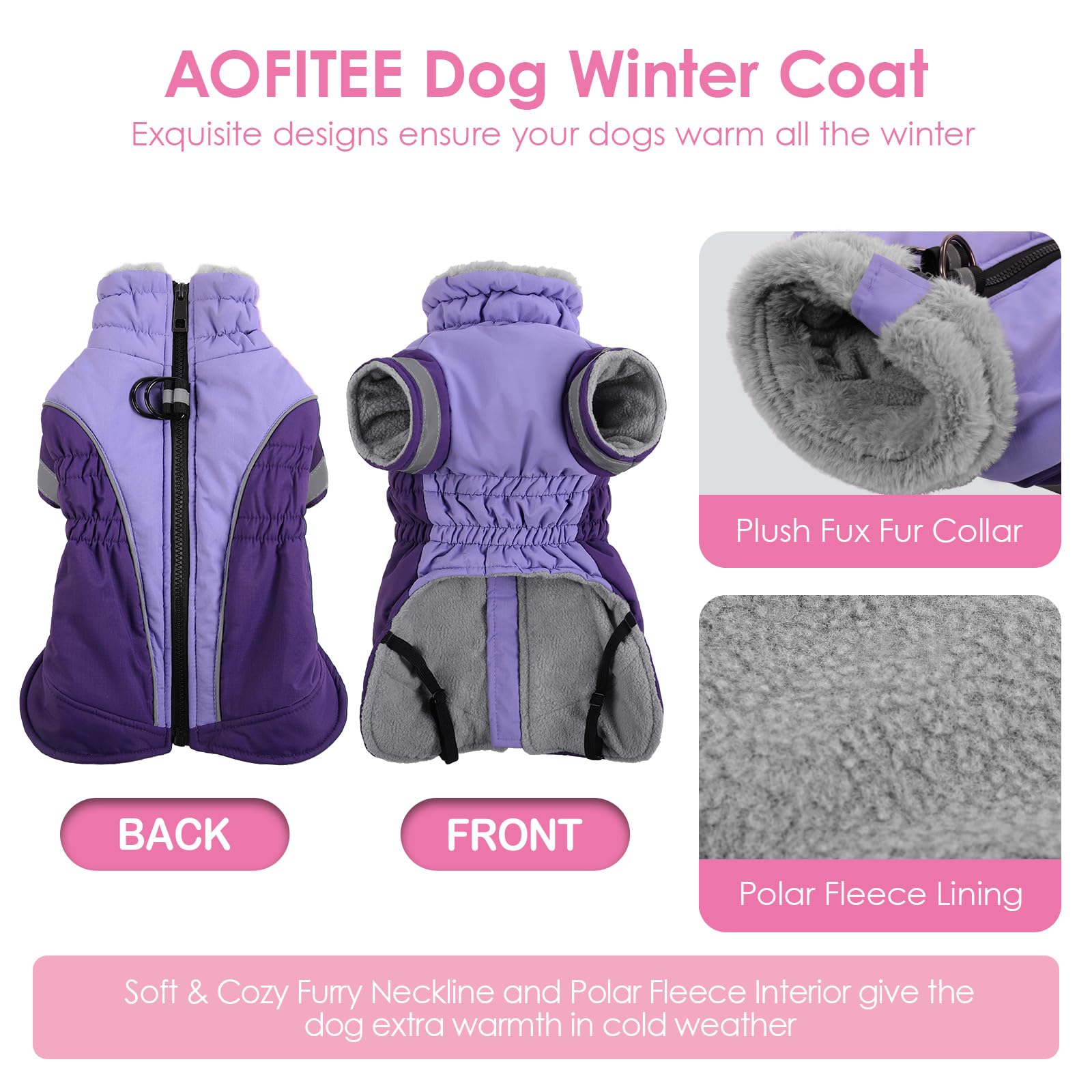 AOFITEE dog coat fleece lining provides soft warmth inside