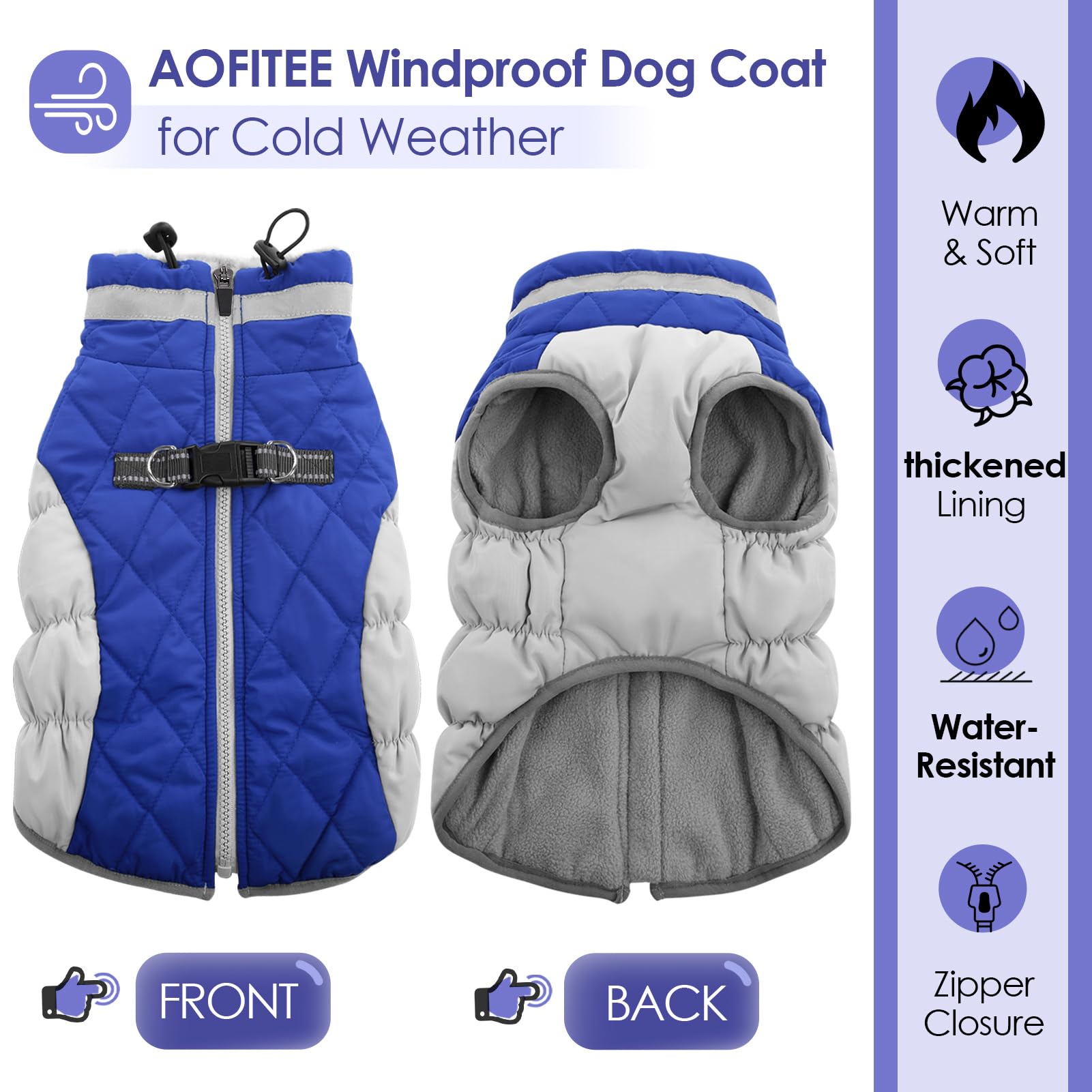AOFITEE dog coat back with waterproof fabric highlights secure zip closure for easy on/off.