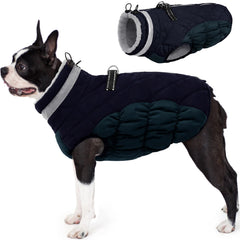 AOFITEE dog coat front view in navy with warm fleece lining for cozy winter warmth.