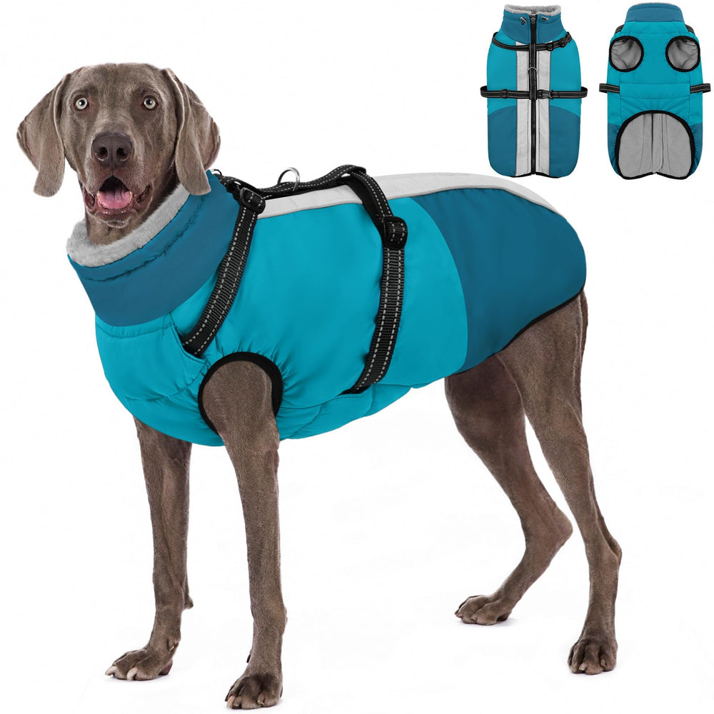 AOFITEE dog coat with built-in harness for quick, secure leash attachment.