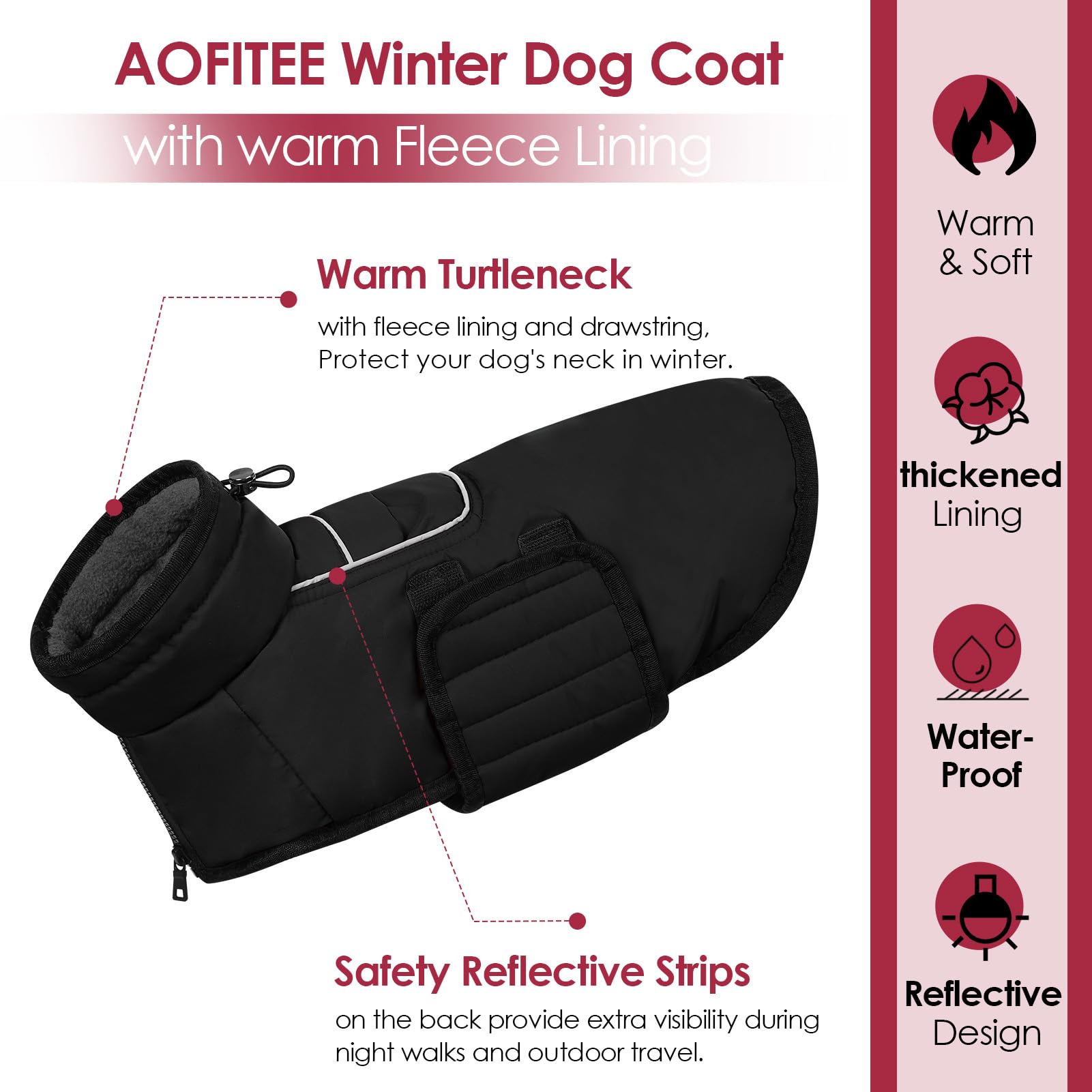 AOFITEE coat shows harness hole for leash access during walks.