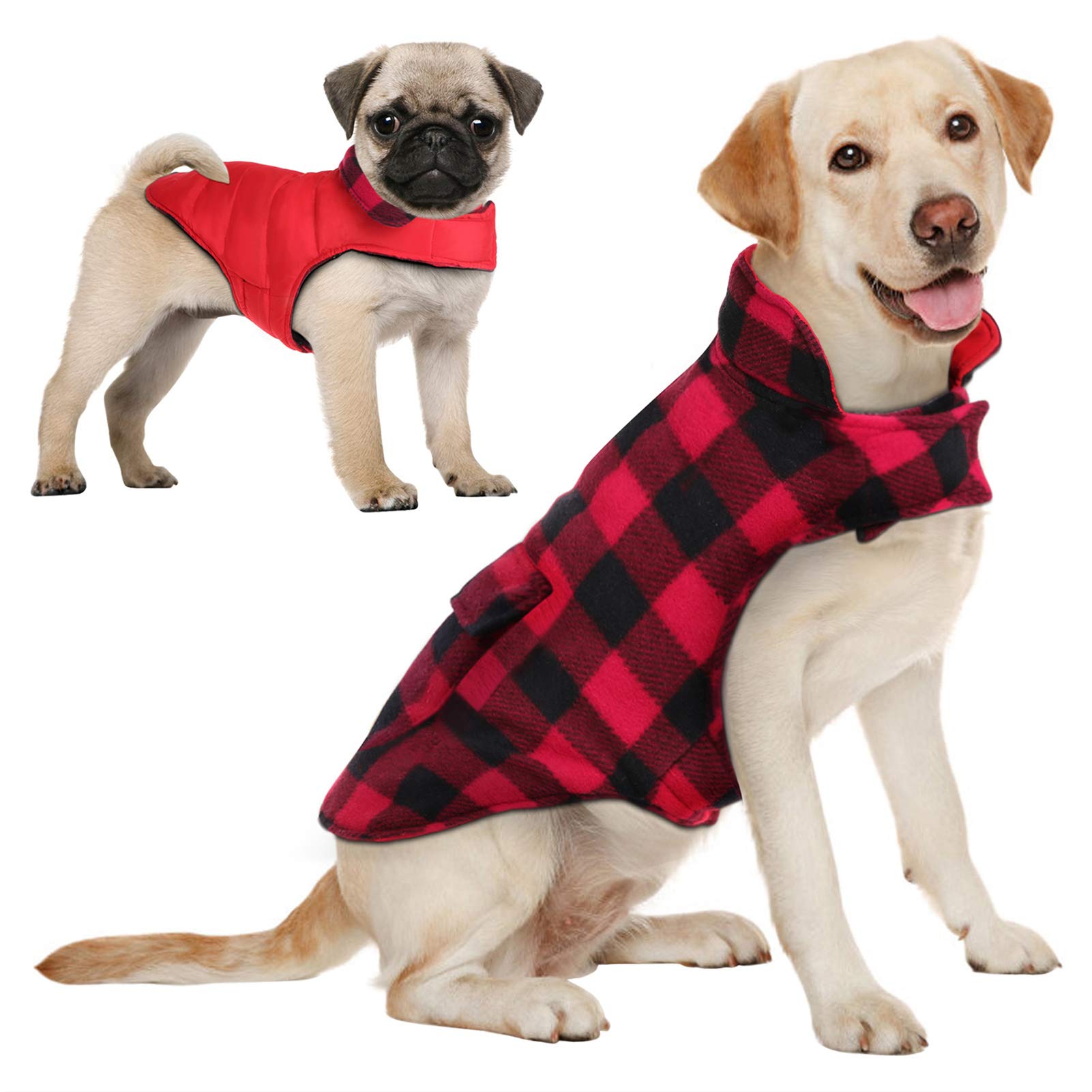 AOFITEE dog coat plaid red front view with warm coverage for chilly walks.