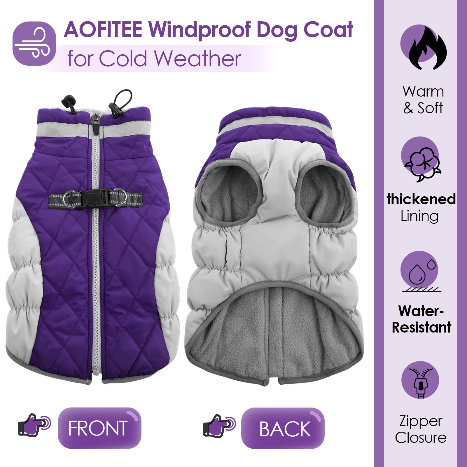 AOFITEE purple XS dog coat back view highlight waterproof exterior
