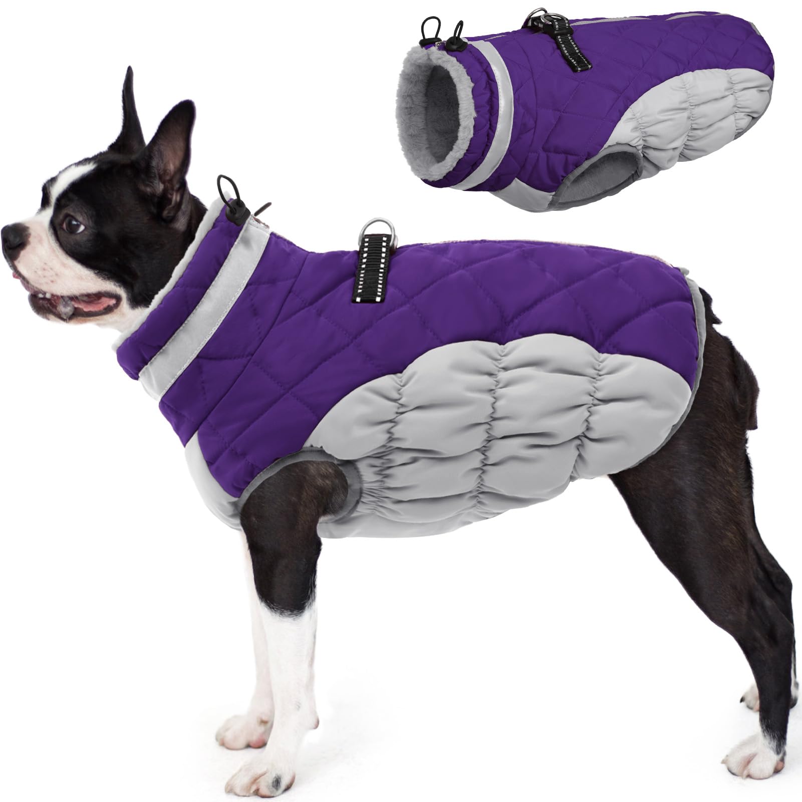 AOFITEE dog coat front view shows warm fleece lining for cozy winter walks.