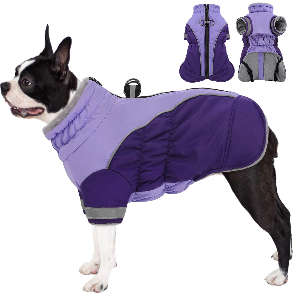 AOFITEE dog coat back zip for easy on/off and harness use during winter walks