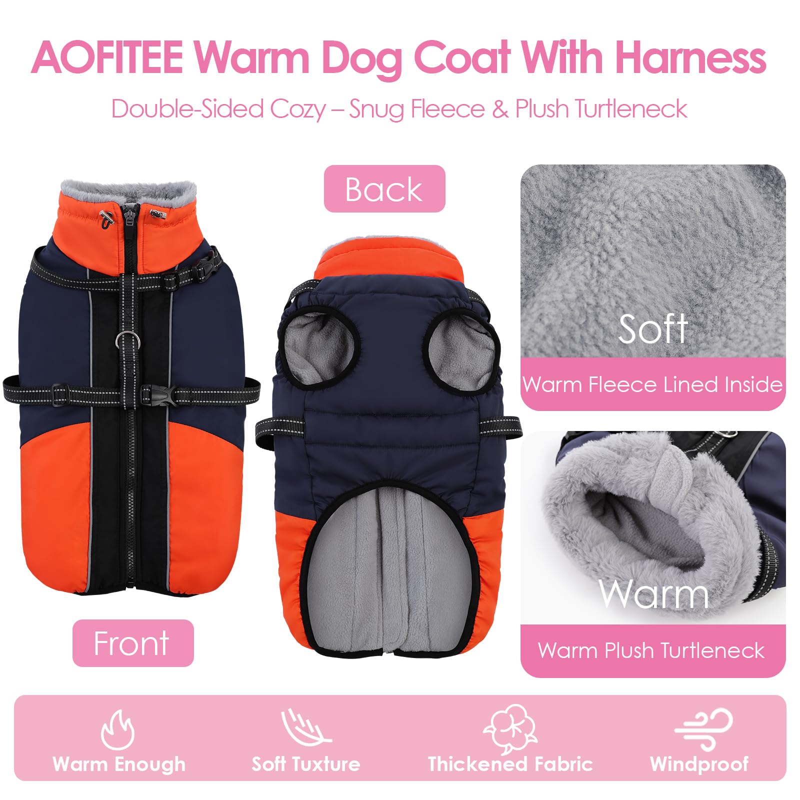 AOFITEE waterproof fleece-neckline dog coat keeps wind out and neck warm.