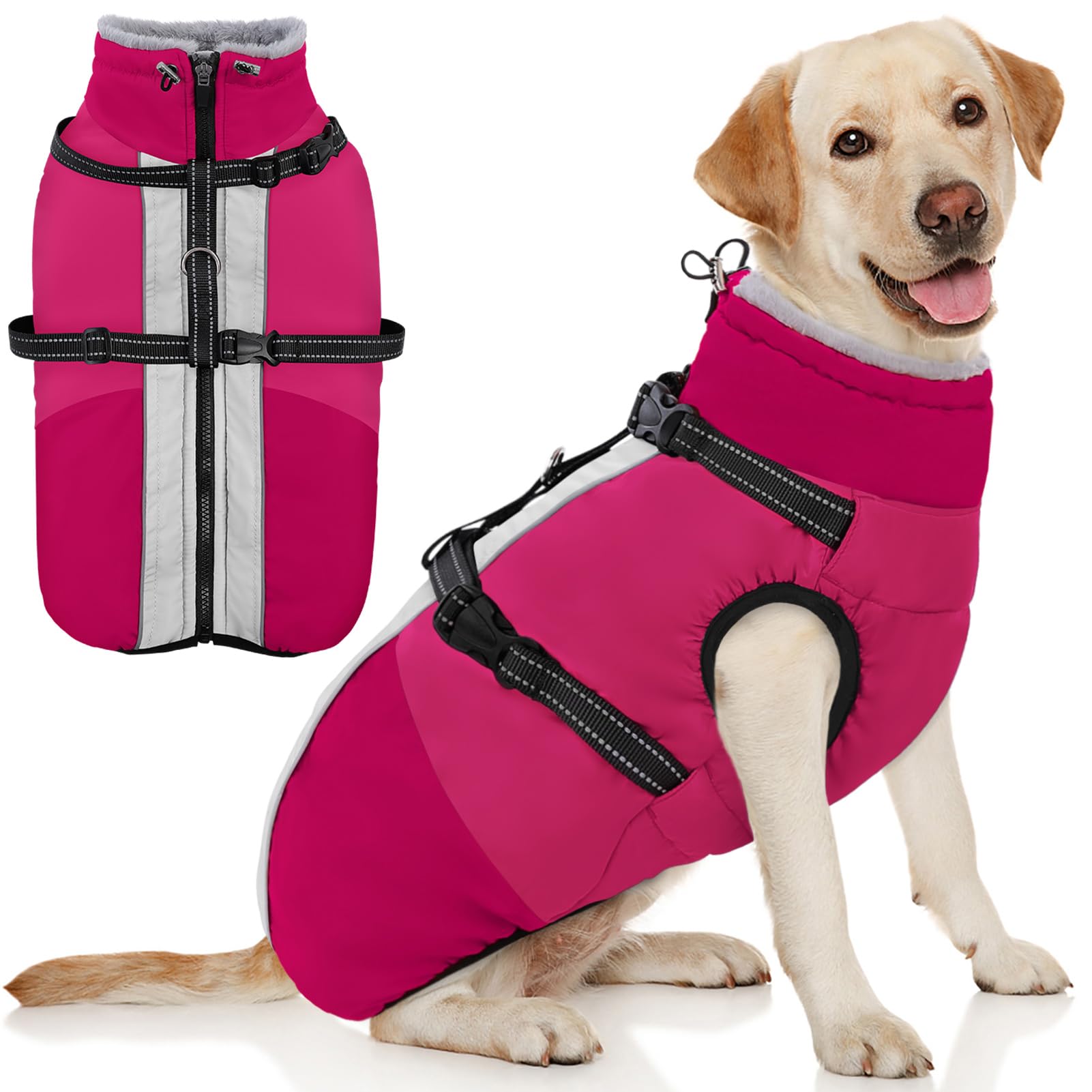AOFITEE windproof dog coat with turtleneck and built-in harness for secure walks