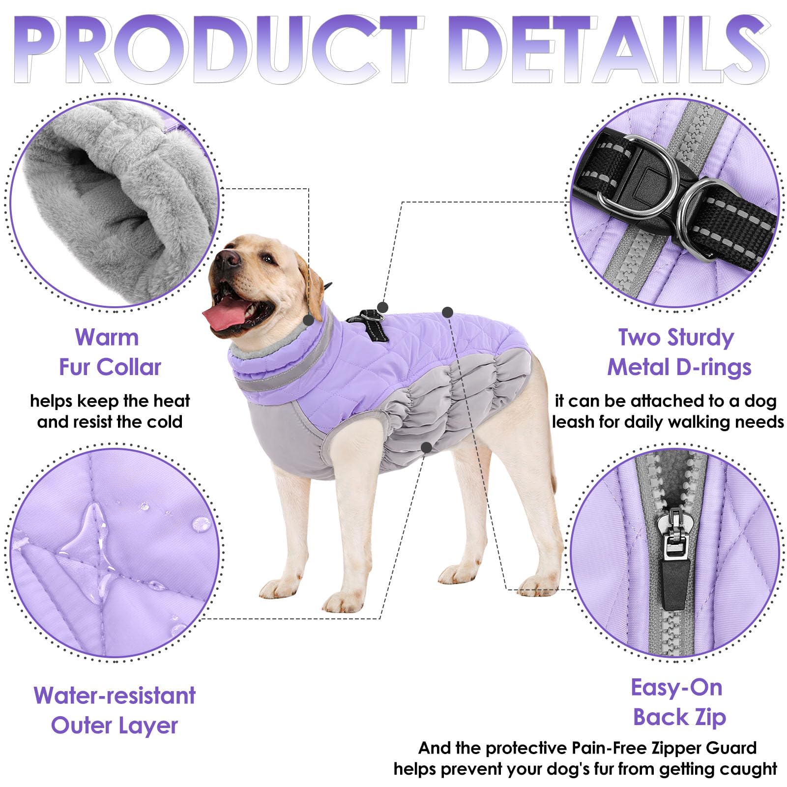 AOFITEE lilac dog coat built-in harness and D-ring provide secure leash control.