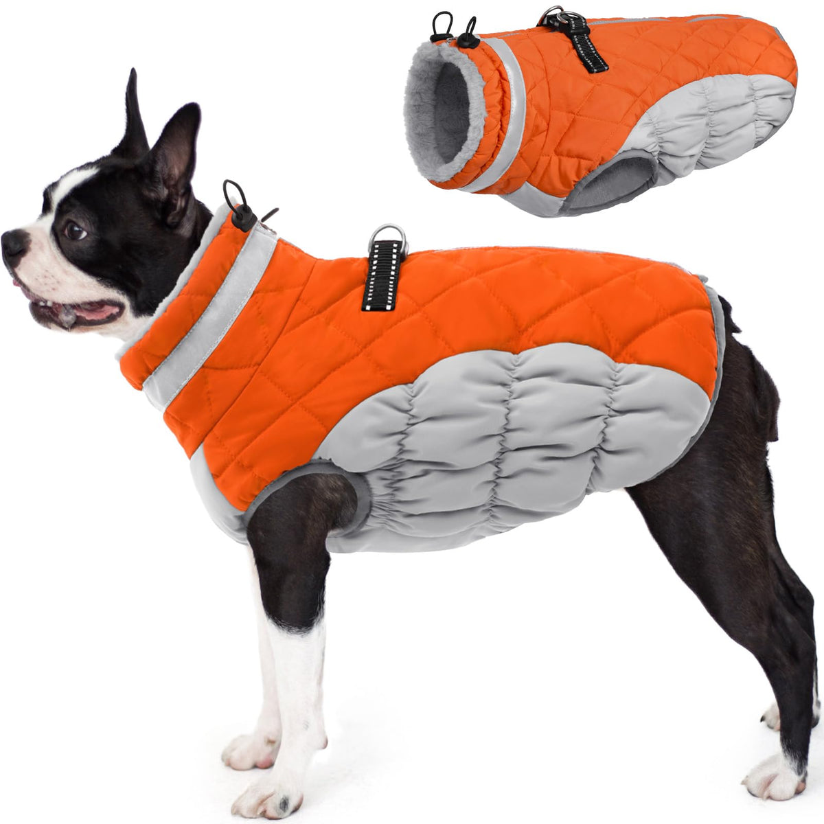 AOFITEE dog coat orange front view shows warm fleece for winter walks