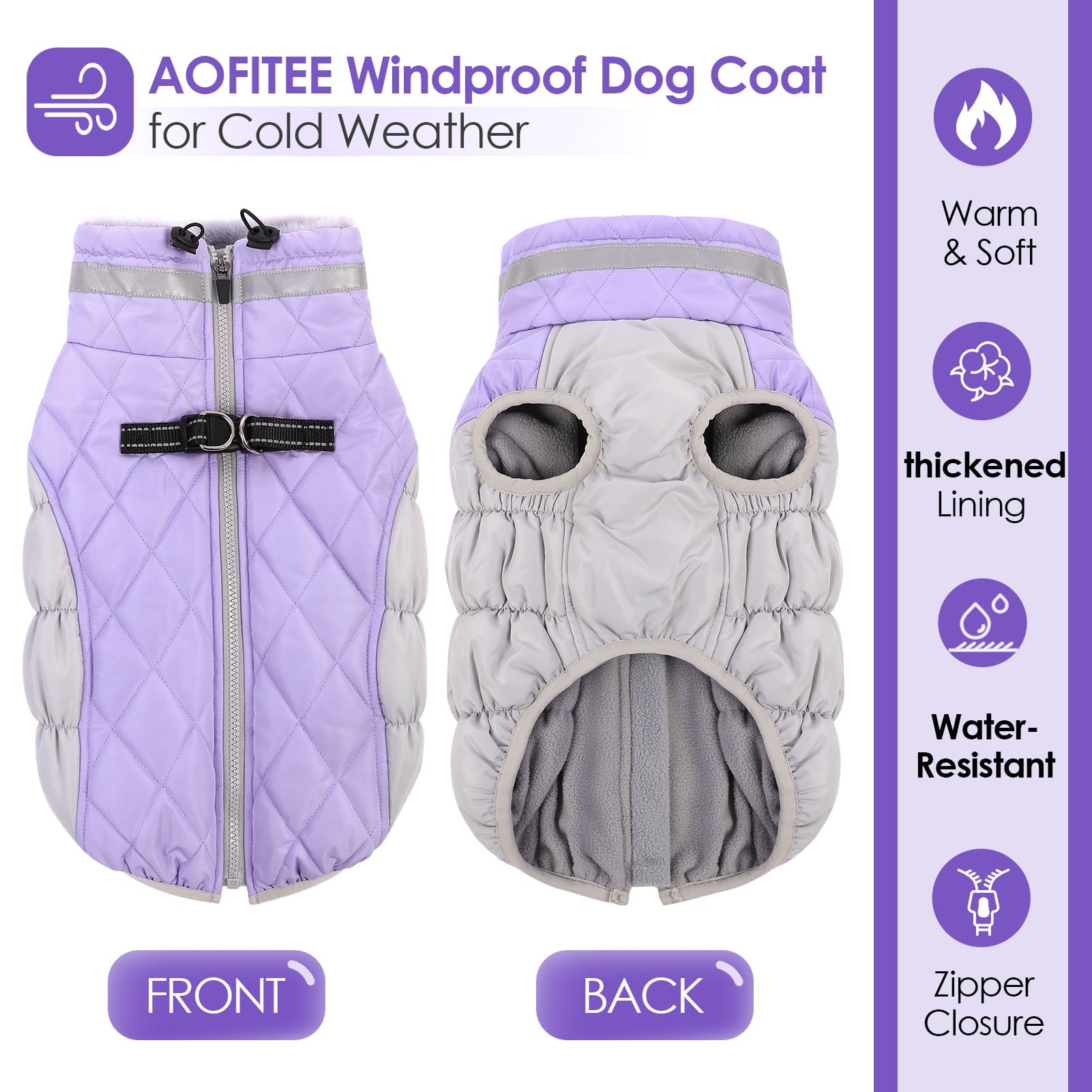 AOFITEE dog coat Lilac back view highlights water-resistant fabric for dry, comfortable outings.