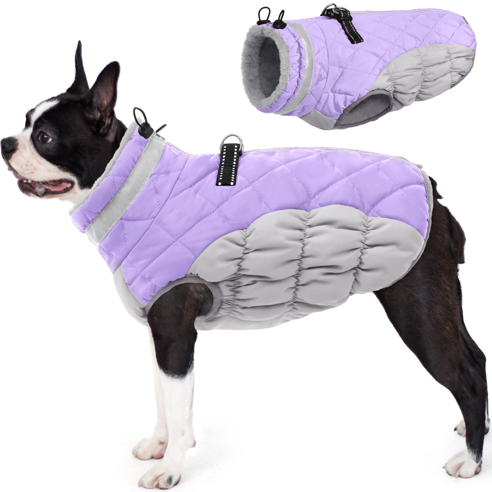 AOFITEE dog coat Lilac front view shows warm fleece lining for cold walks.