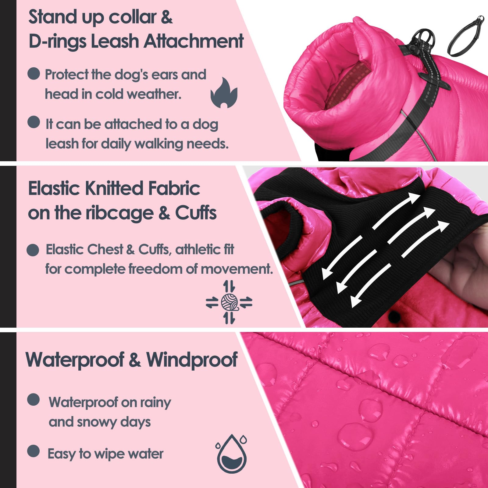 AOFITEE dog coat side view demonstrates slim fit and mobility in rose red.