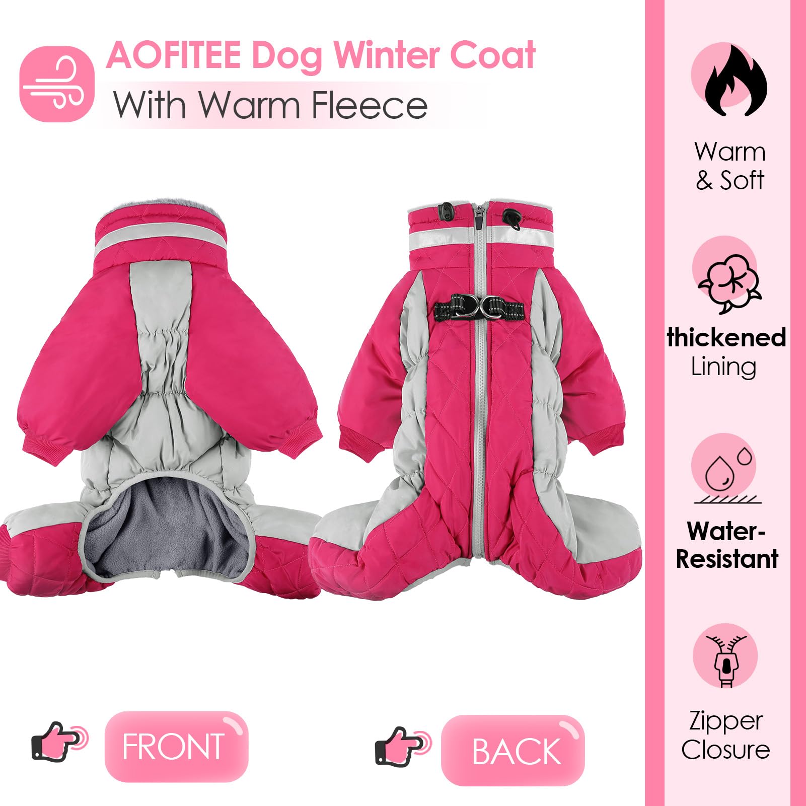 AOFITEE dog coat back zipper with guard promotes smooth on-off and skin protection.