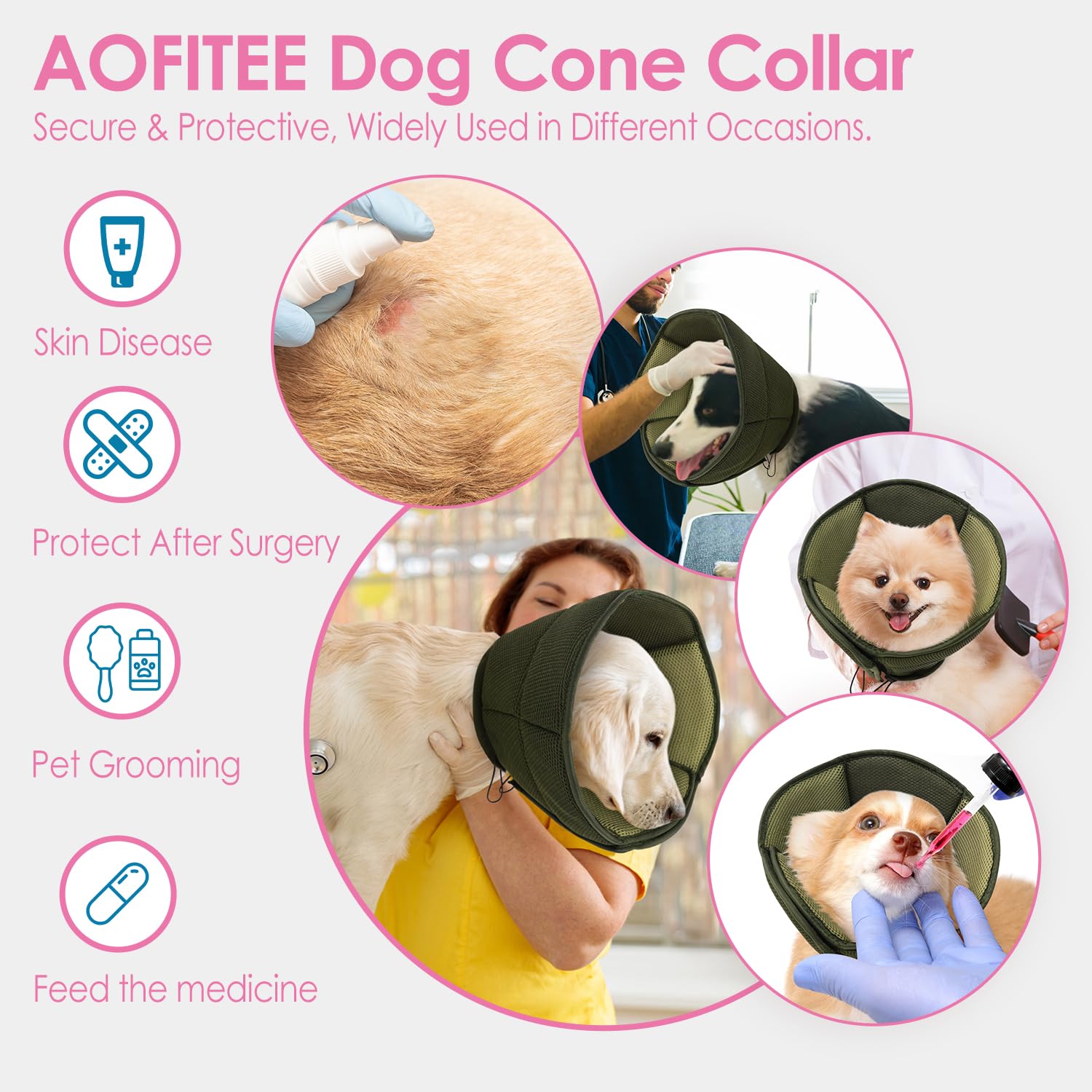 aofitee dog cone army-green-medium fits medium pets comfortably.