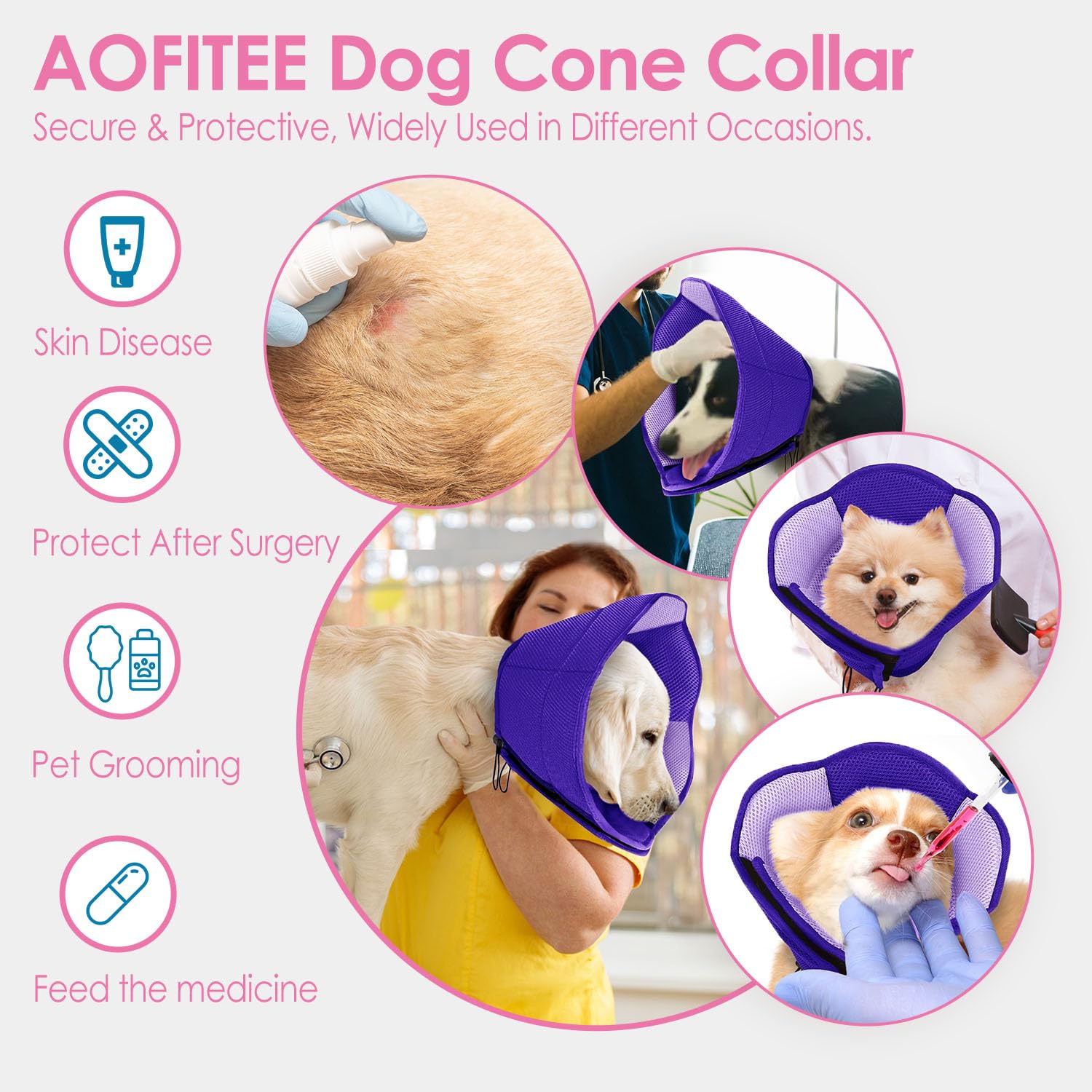 AOFITEE dog cone in purple helps pets recover calmly after procedures