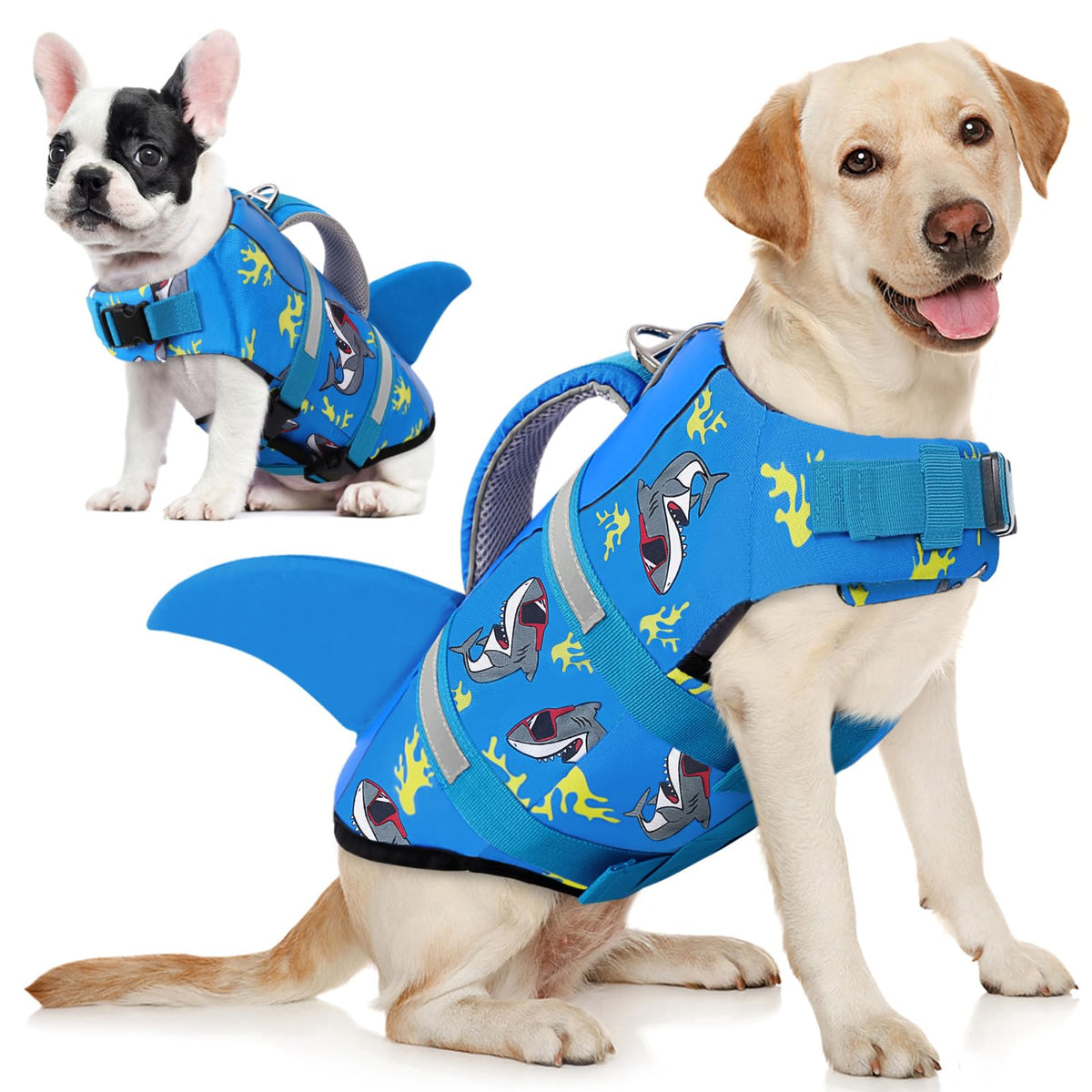 AOFITEE Shark dog life jacket top view shows buoyant support for safe swimming.
