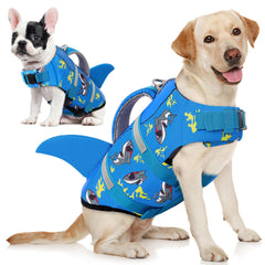 AOFITEE Shark dog life jacket top view shows buoyant support for safe swimming.