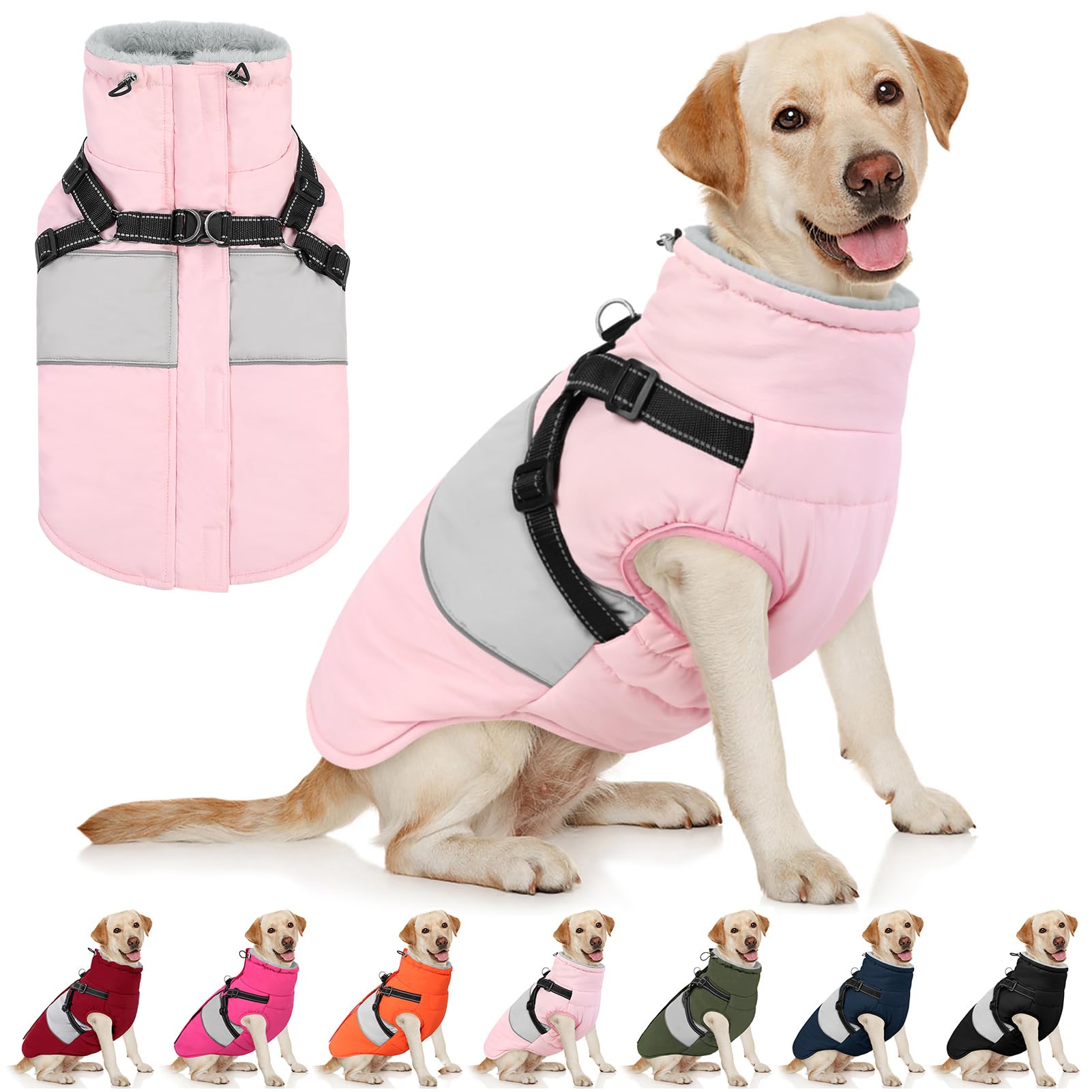 AOFITEE dog winter coat back view showing built-in harness compatibility for easy, secure walks.