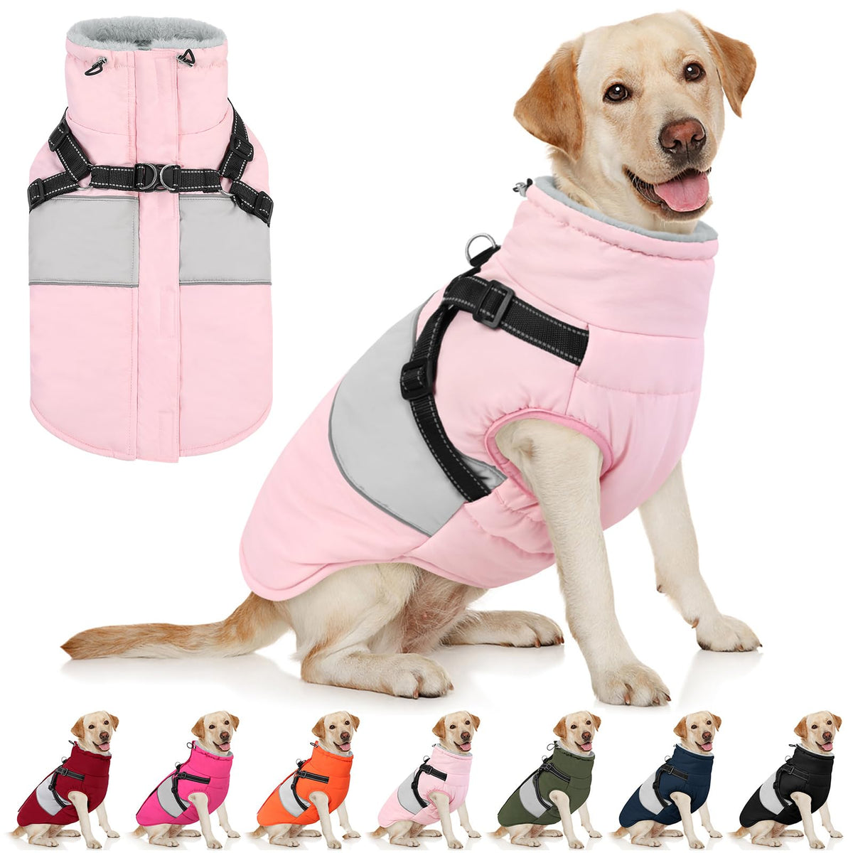 AOFITEE dog winter coat back view showing built-in harness compatibility for easy, secure walks.