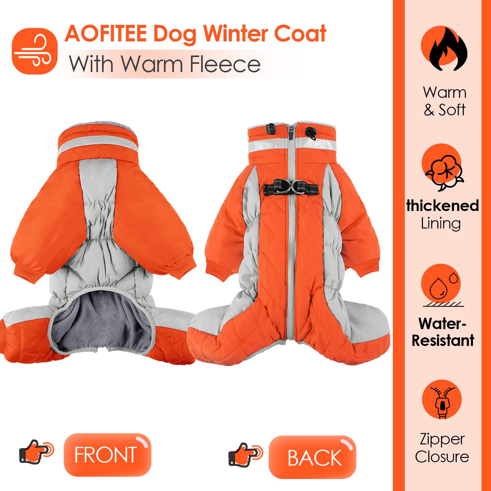 AOFITEE dog winter coat back zipper with guard for easy wear.