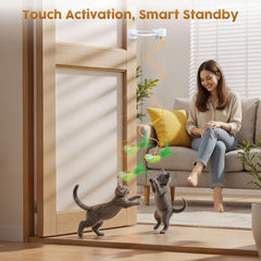 Aoioploa USB-rechargeable cat toy with gentle elastic cushions paws during play.