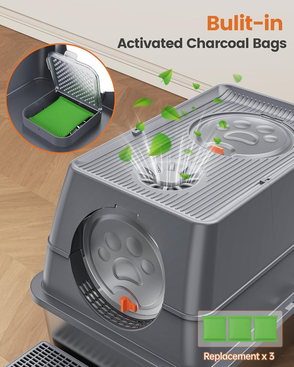 Aoktech litter box with carbon bags; odor control improves air around the enclosure