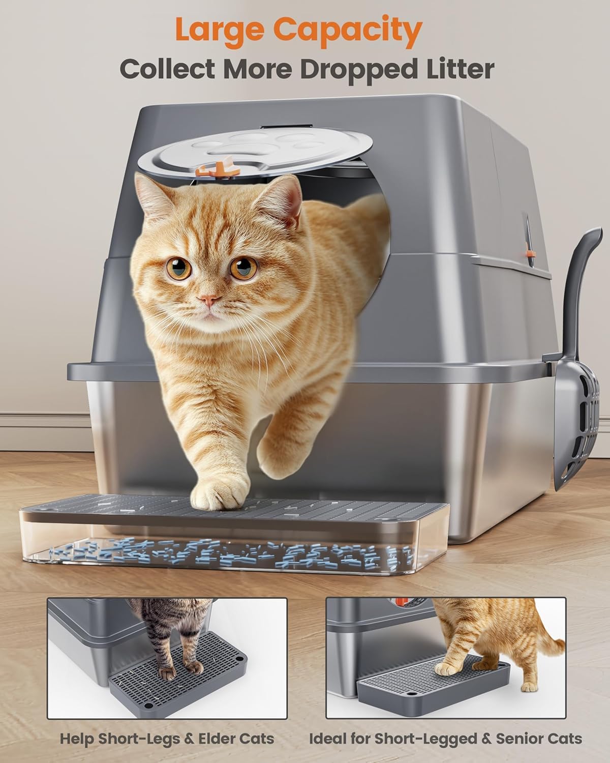 Aoktech stainless steel litter box foot pedal; sturdy step aids entry and cleanup
