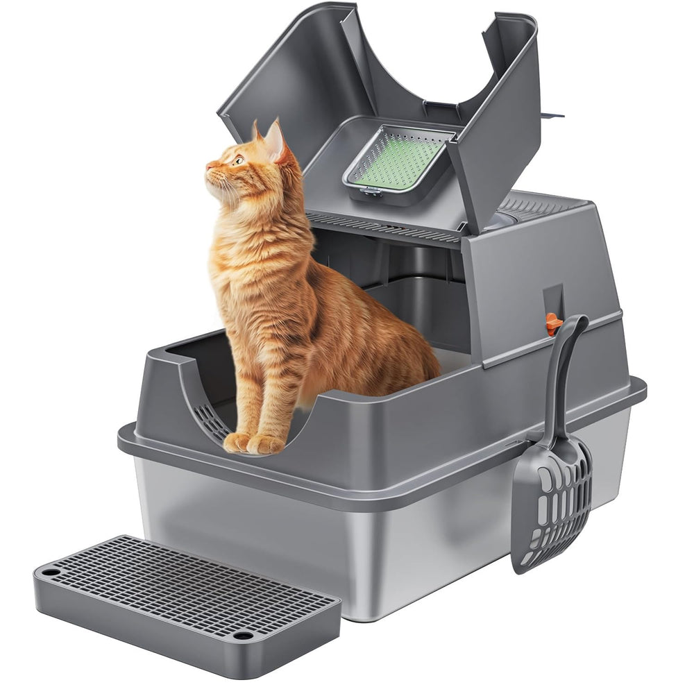 Aoktech stainless steel litter box with lid; secure lid helps reduce litter spillage