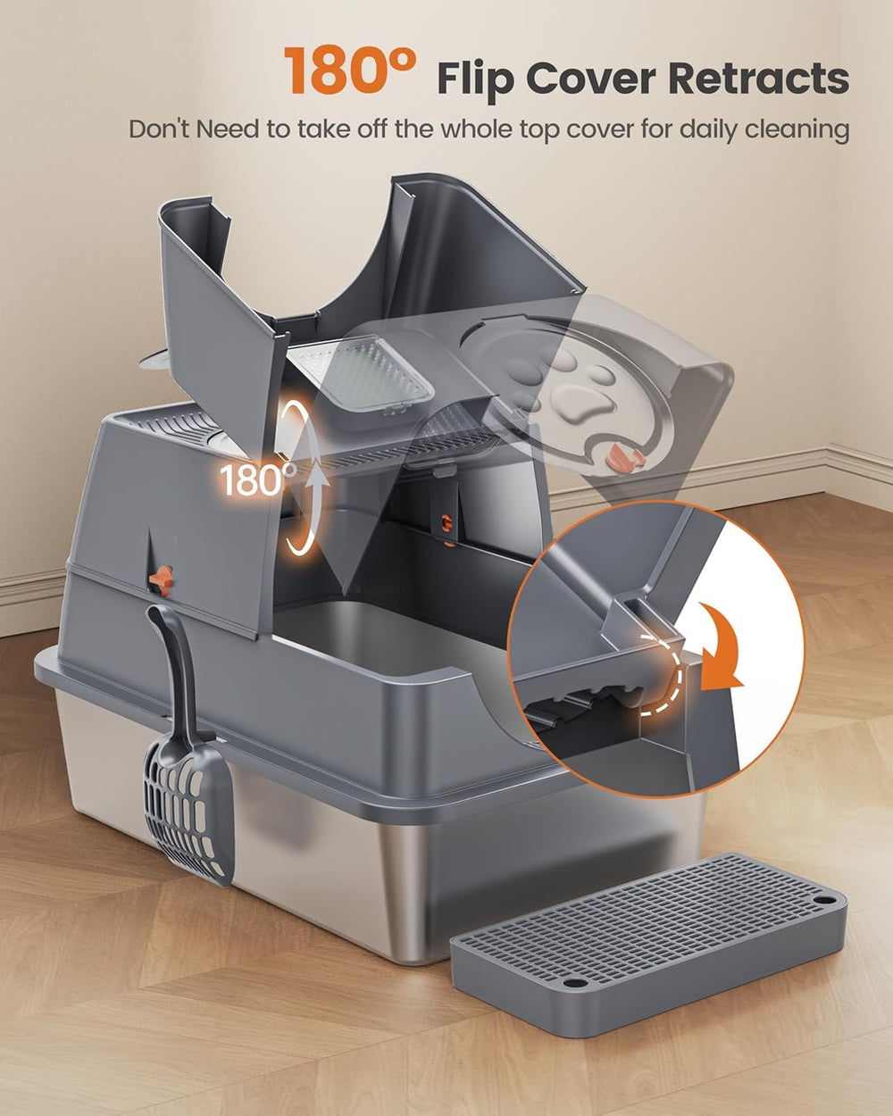 Aoktech stainless steel litter box top entry; versatile route to reduce litter scatter