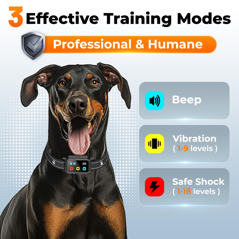 Aolulf AI dog shock collar settings showing beep vibration and shock options for tailored training