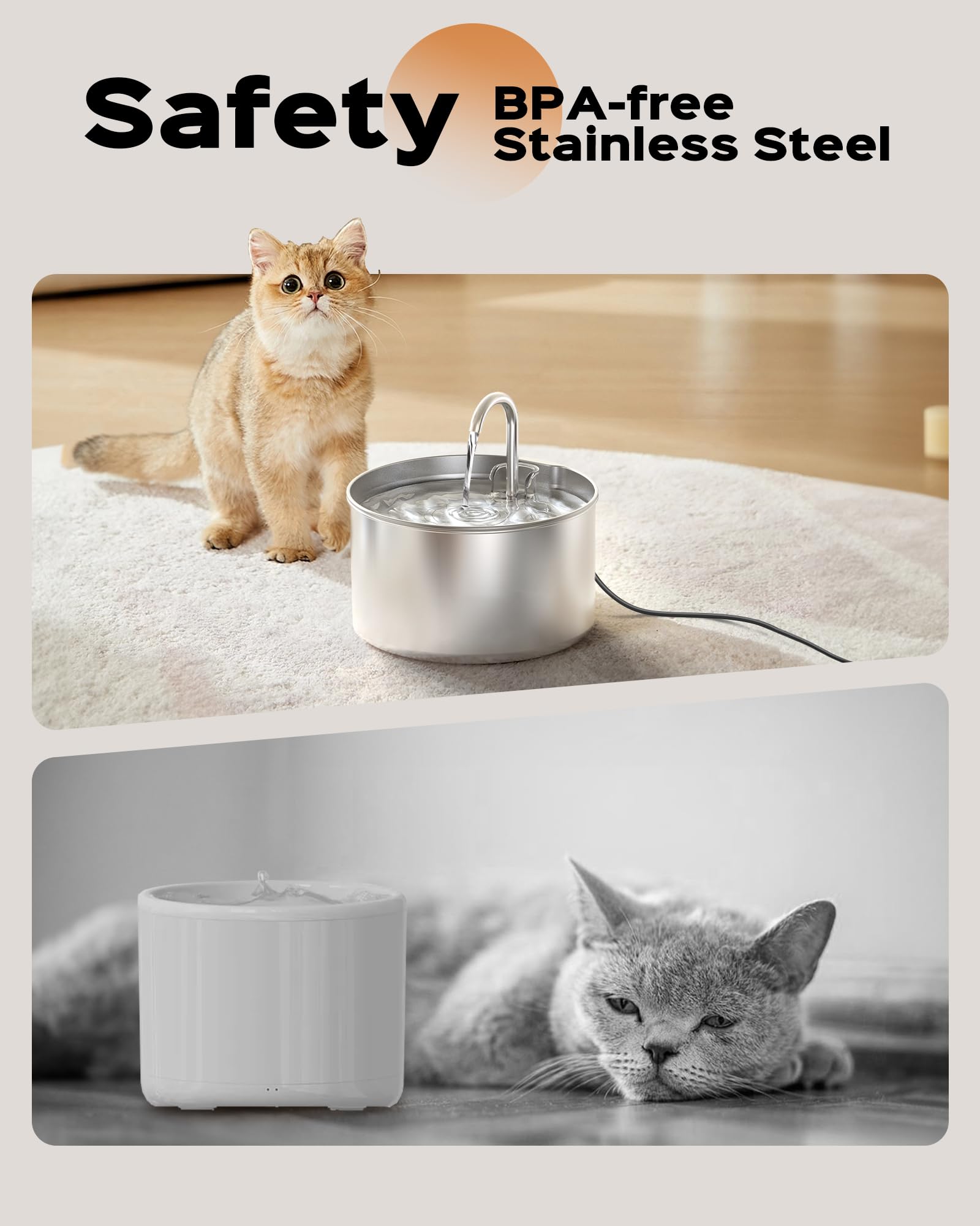 AOOGITF cat water fountain shows ultra-quiet pump for peaceful indoor use.
