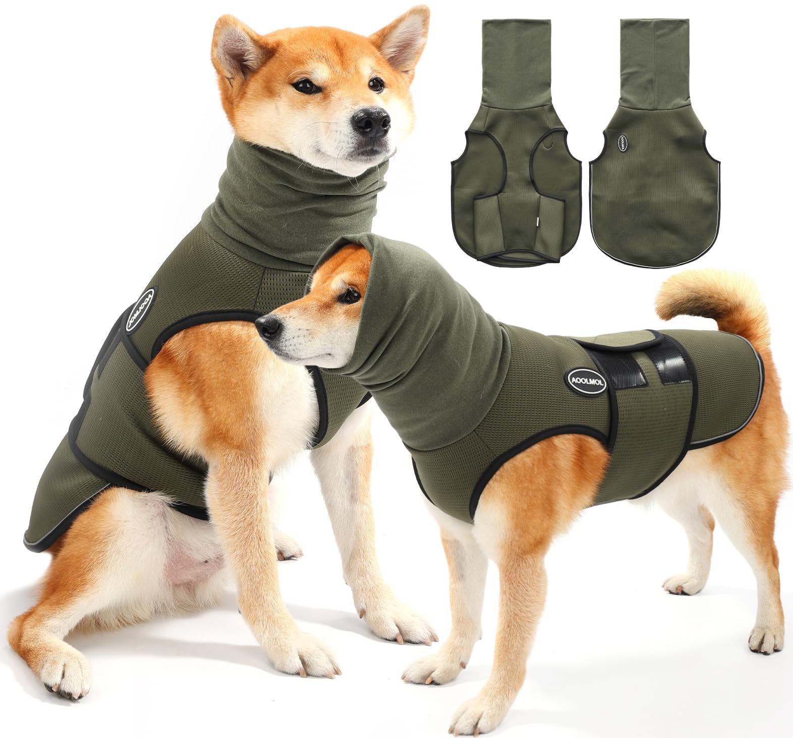 AOOLMOL dog anxiety vest back close-up demonstrates snug fit for calming support.
