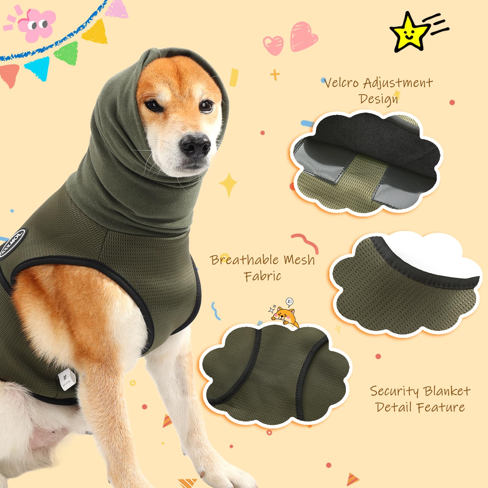 AOOLMOL dog anxiety vest neck adjustment close-up highlights snug fit.
