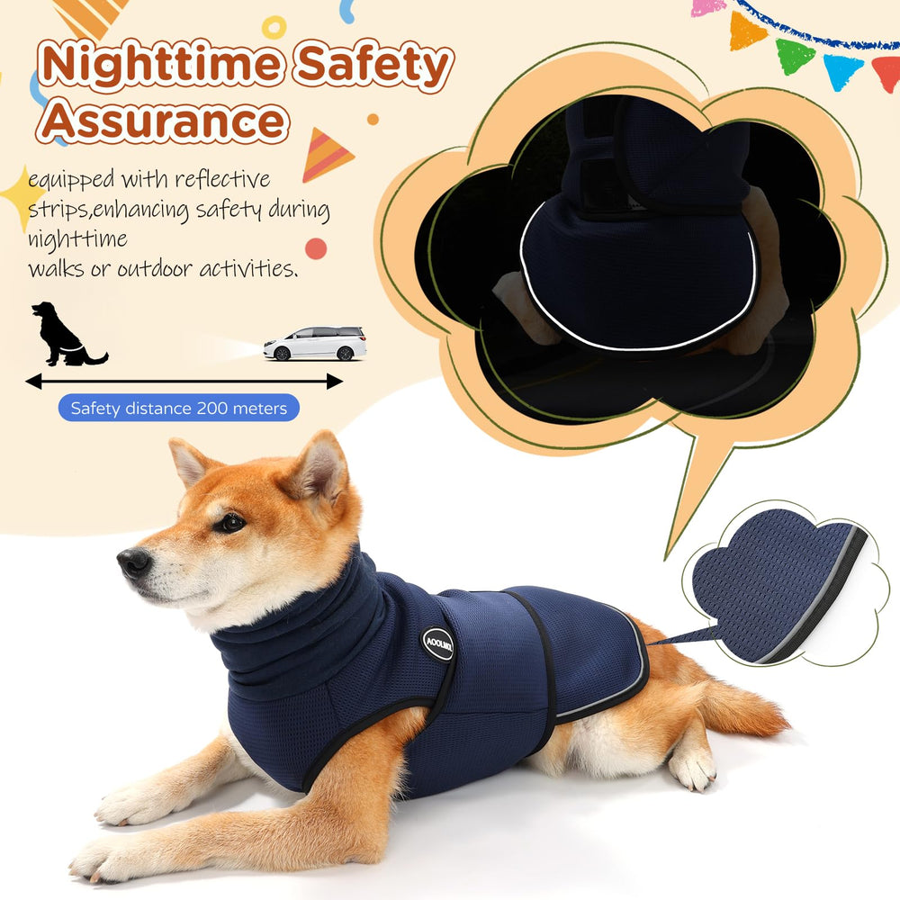 AOOLMOL anxiety vest worn on dog during storm for stress relief.